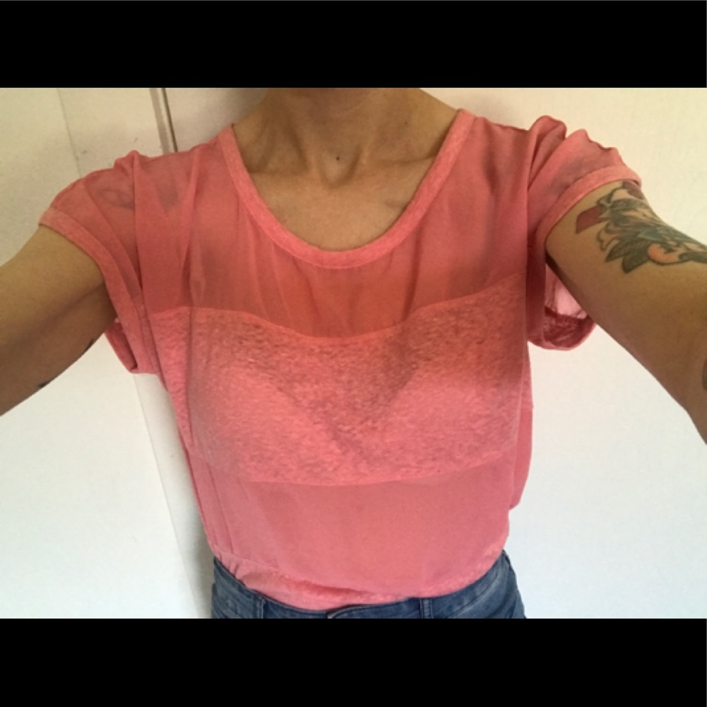 Forever 21 Barbie Pink Sheer/Solid Panel Short Sleeve Tee - Picture 9 of 15
